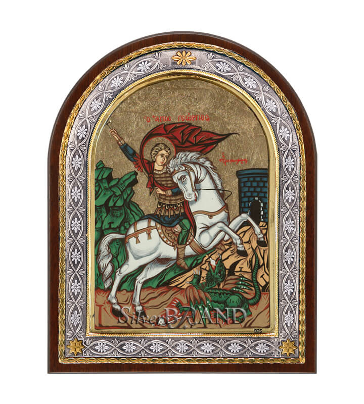 Άγιος Γεώργιος Ασημένια Εικόνα με Μεταξοτυπία 23x18cm