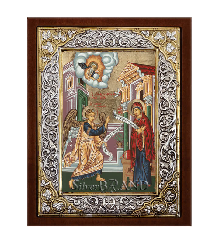 Ευαγγελισμός της Θεοτόκου Ασημένια Εικόνα με Μεταξοτυπία 26x20cm