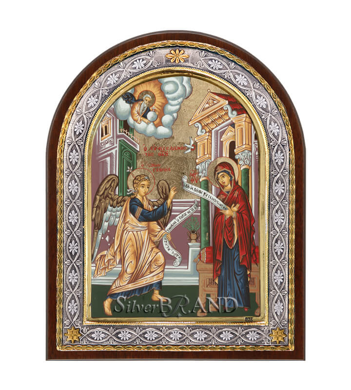 Ευαγγελισμός της Θεοτόκου Ασημένια Εικόνα με Μεταξοτυπία 23x18cm