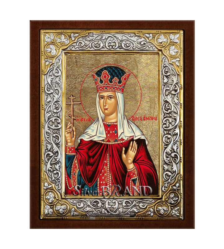 Αγία Αλεξάνδρα Ασημένια Εικόνα με Μεταξοτυπία 26x20cm