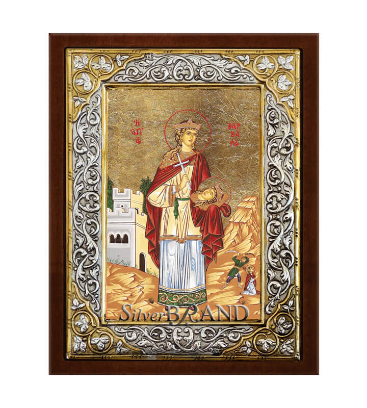 Greek Orthodox Silver Icon Saint Barbara Hagiography 26x20cm