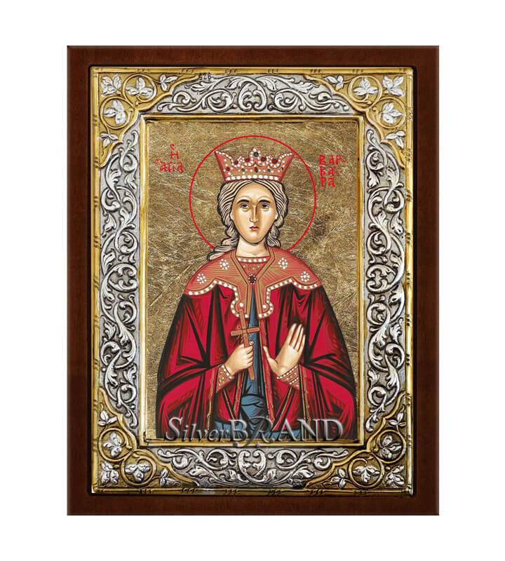 Greek Orthodox Silver Icon Saint Barbara Hagiography 26x20cm