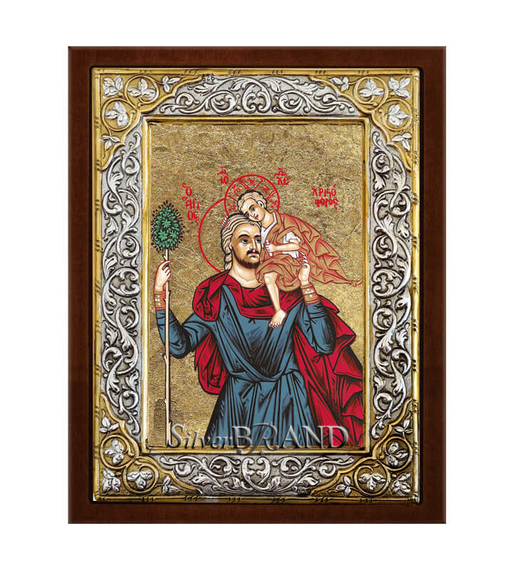 Greek Orthodox Silver Icon Saint Christopher Hagiography 26x20cm