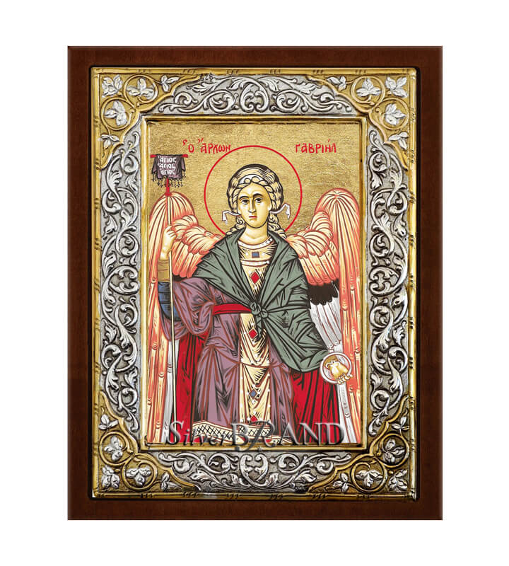 Greek Orthodox Silver Icon Archangel Gabriel Hagiography 26x20cm