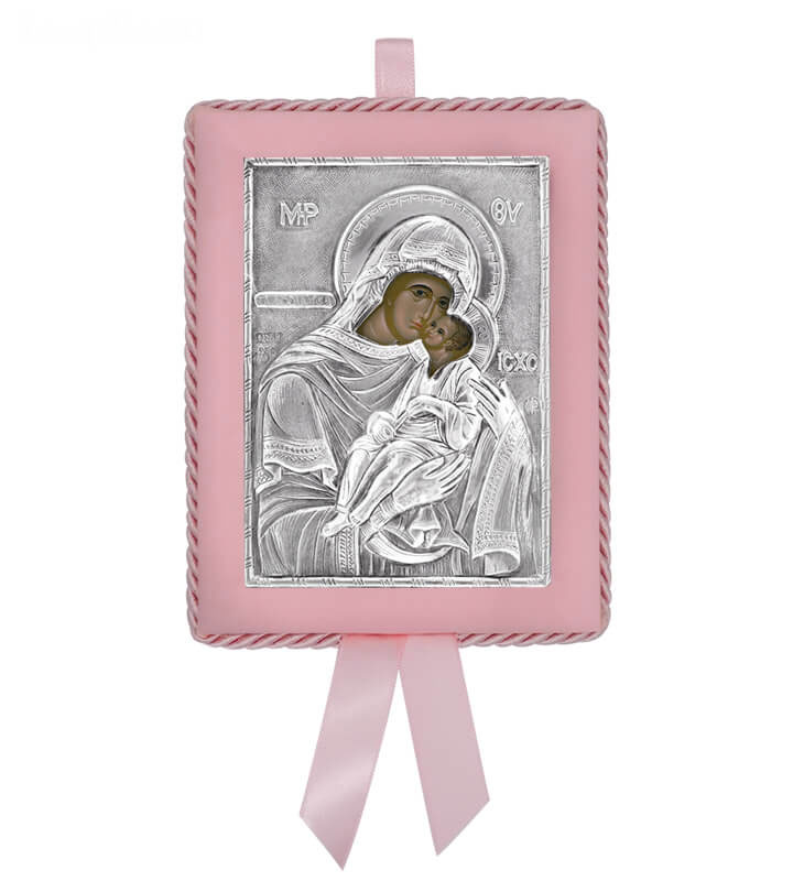 Ασημένια Εικόνα για Νεογέννητο Κορίτσι Παναγία Γλυκοφιλούσα 14,5x11,5cm