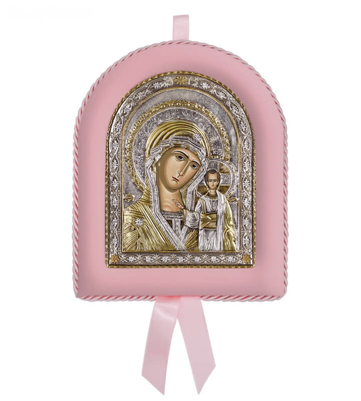 Greek Orthodox Silver Icon for Baby Girl Virgin Mary Theotokos Kazan 17x14cm (gold-plated)