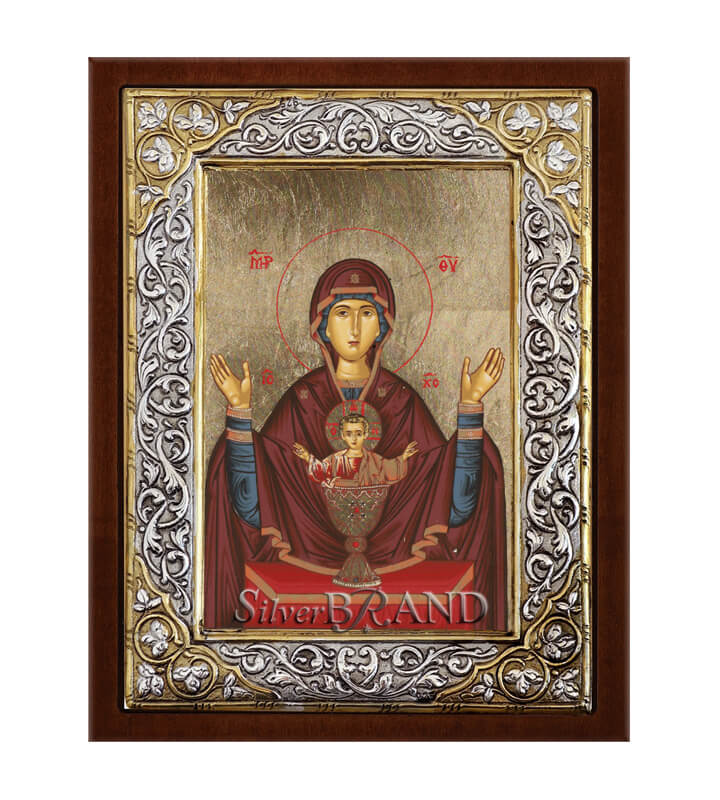 Παναγία με το Άγιο Ποτήρι Ασημένια Εικόνα με Μεταξοτυπία 26x20cm