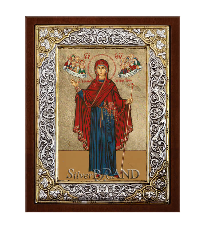 Παναγία Έφορος του Αγίου Όρους Ασημένια Εικόνα με Μεταξοτυπία 26x20cm