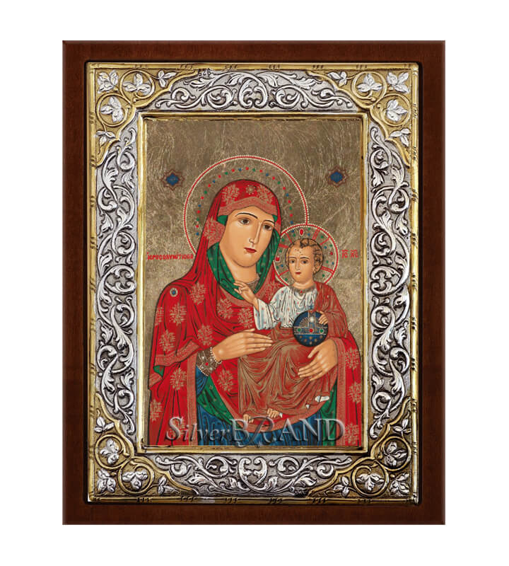 Greek Orthodox Silver Icon Virgin Mary Theotokos of Jerusalem Hagiography 26x20cm