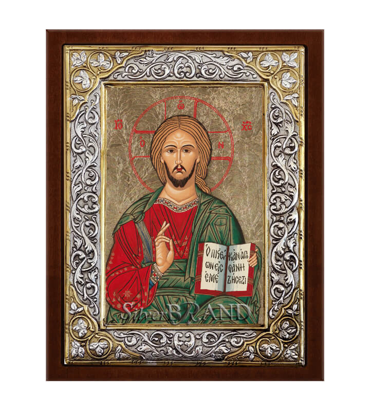 Χριστός Παντοκράτωρ Ασημένια Εικόνα με Μεταξοτυπία 26x20cm