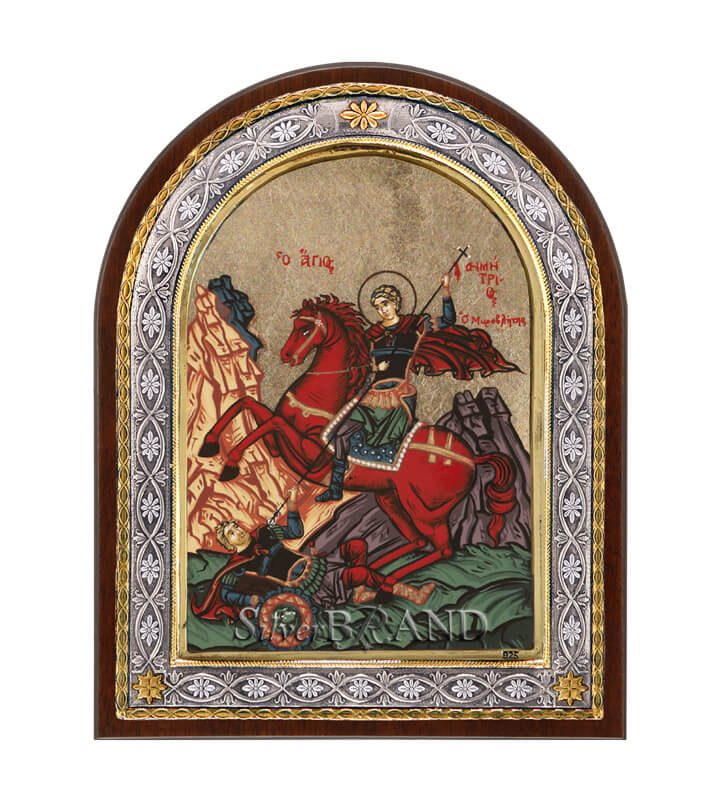Greek Orthodox Silver Icon Saint Dimitrios Hagiography 23x18cm