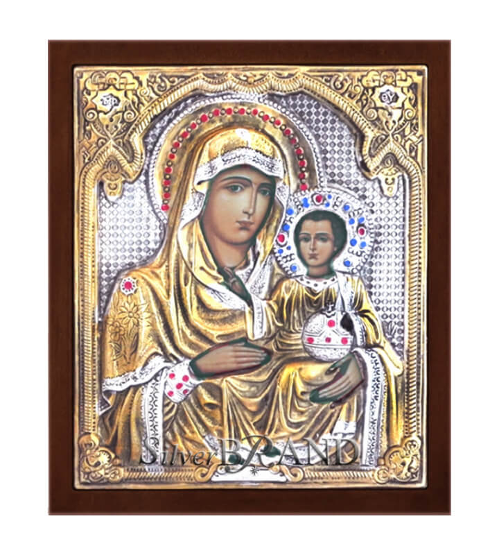 Greek Orthodox Silver Icon Virgin Mary Theotokos of Jerusalem 18x15cm (Gold Plated)