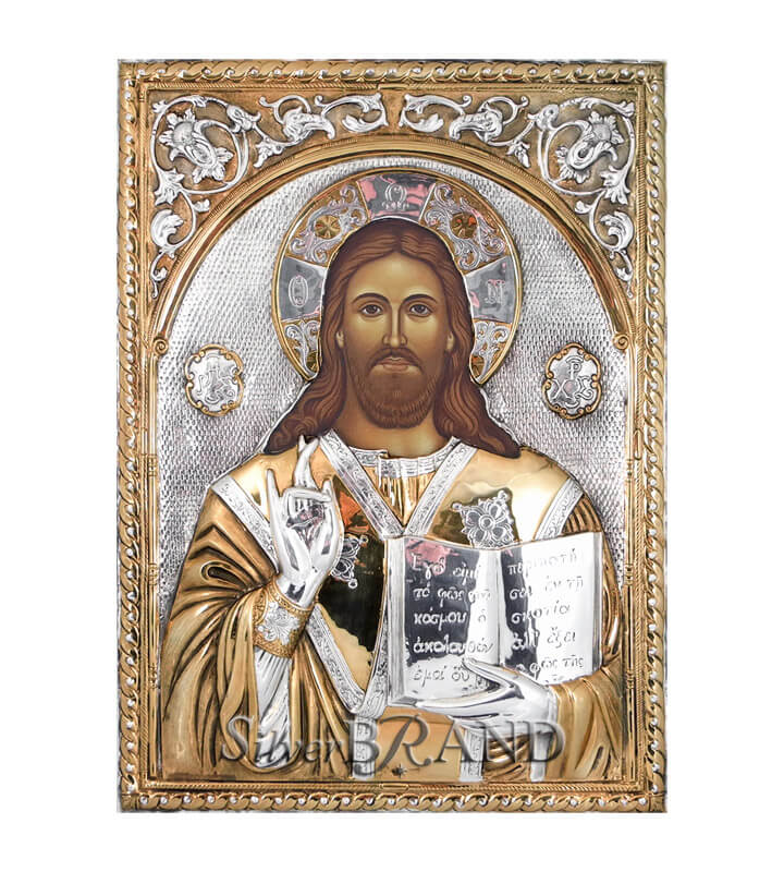 Χριστός Παντοκράτωρ Ασημένια Εικόνα (Επίχρυση) 36x26cm