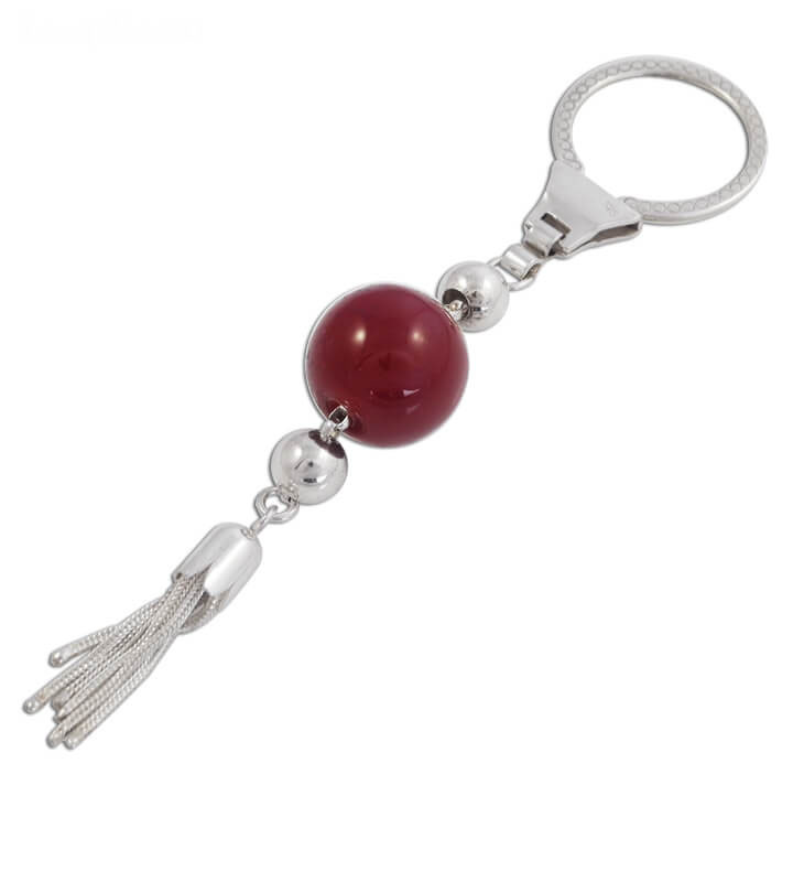 Silver Key Ring with Red Stone and Tassel 13x3cm