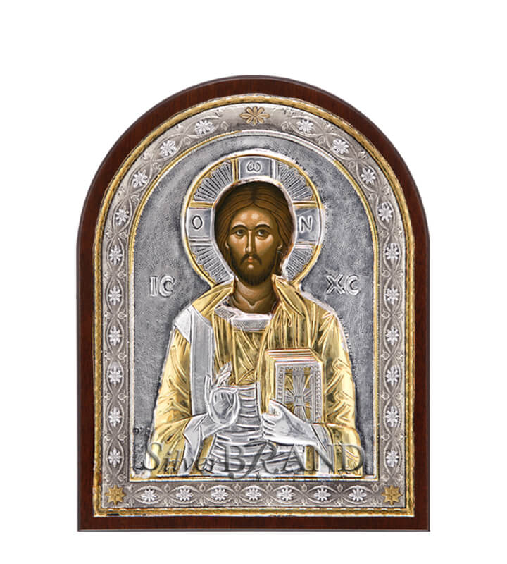 Χριστός Παντοκράτωρ Ασημένια Εικόνα (Επίχρυση) 14x11cm