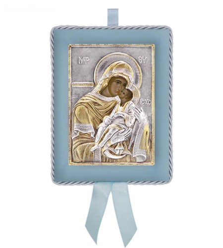 Greek Orthodox Silver Icon for Baby Boy Virgin Mary Glykofilousa 14,5x11,5cm Ασημένια Εικόνα για Νεογέννητο Αγόρι Παναγία Γλυκοφιλούσα 14,5x11,5cm