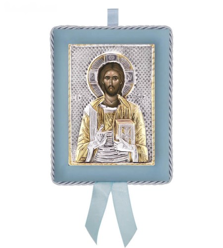 Greek Orthodox Silver Icon for Baby Boy Christ Pantocrator 14,5x11,5cm Ασημένια Εικόνα για Νεογέννητο Αγόρι Χριστός Παντοκράτωρ 14,5x11,5cm