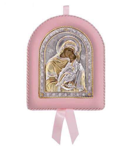 Greek Orthodox Silver Icon for Baby Girl Virgin Mary Glykofilousa 17x14cm Ασημένια Εικόνα για Νεογέννητο Κορίτσι Παναγία Γλυκοφιλούσα 17x14cm